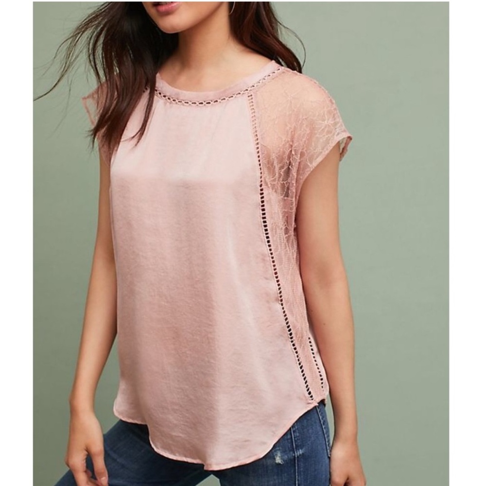 NWT Anthropologie Feather Bone Aruka Laced Sleeve Shell Top Pink Rose Size Large